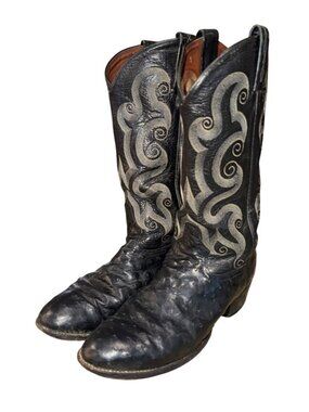Vintage Tony Lama Black Ostrich Exotic Cowboy Western Boots Embroidered Men 8D